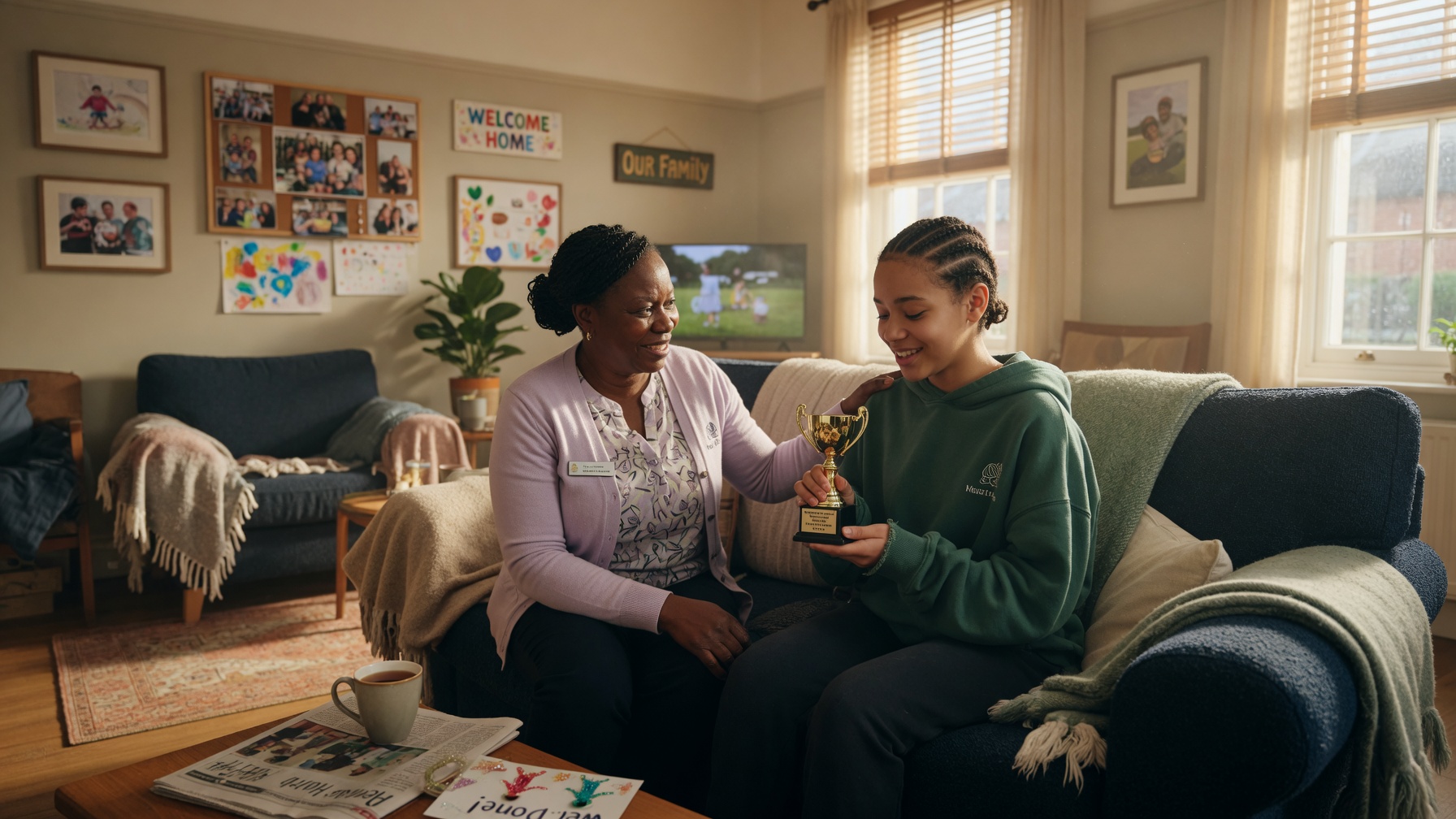Young people and caregivers sharing a meal together, fostering belonging